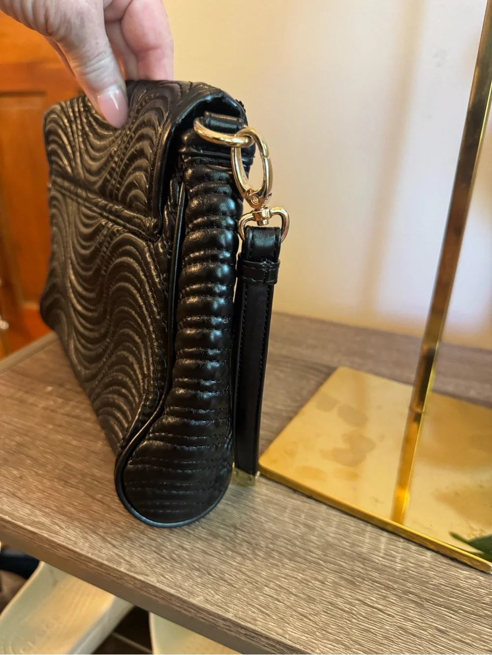 Versace Black Quilted Wave Wristlet with Gold Plaque